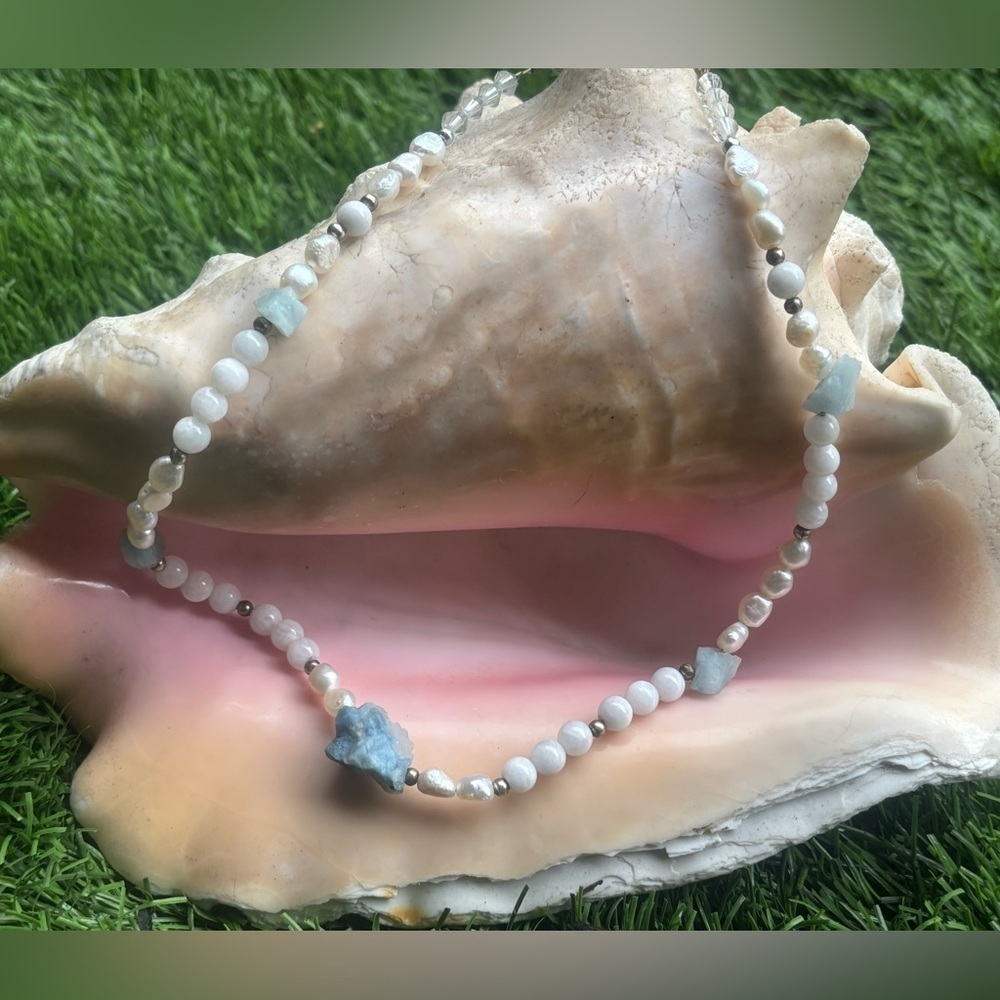 Handcrafted Raw Aquamarine, White Moonstone & Pearl Choker • Artisan Necklace